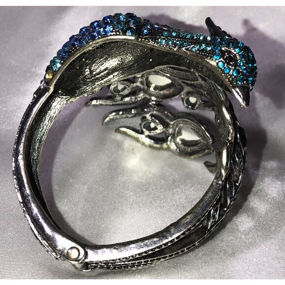 Peacock Bracelet Art Deco Rhinestone Hinged Cuff Wrap Clamp Aqua Blue - Picture 8 of 11